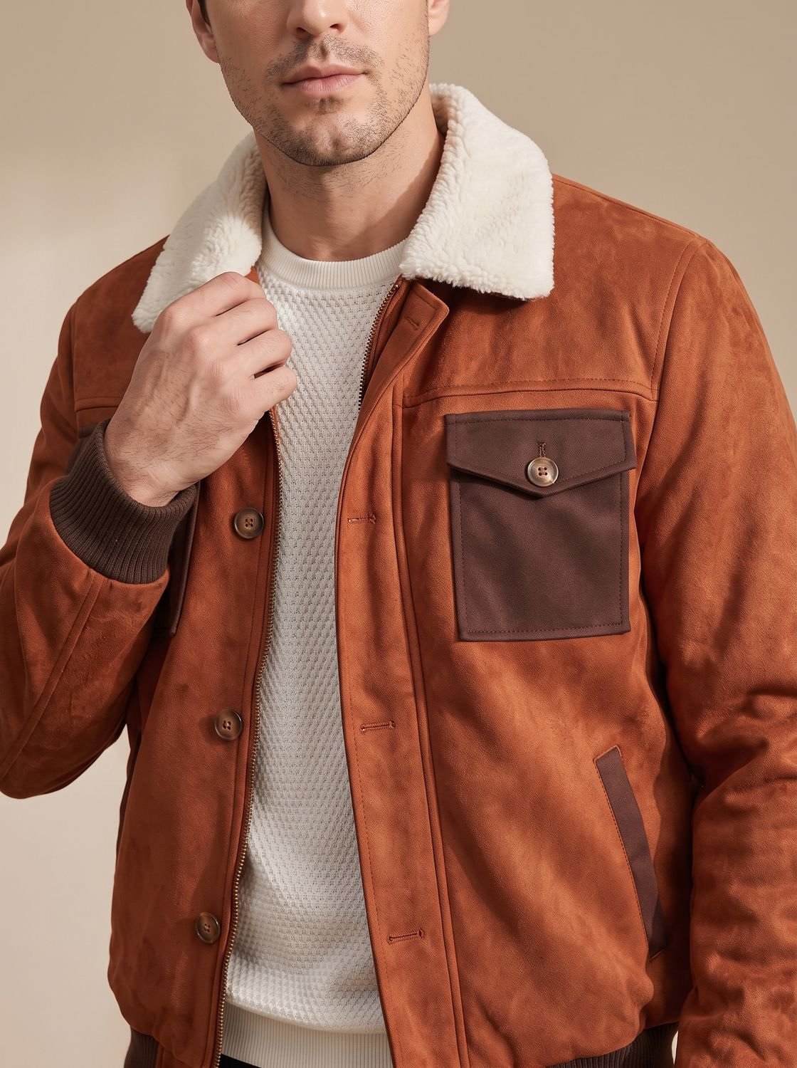 Ryan | Men's Suede Sherpa-Lined Bomber Jacket Vintage Button-Front