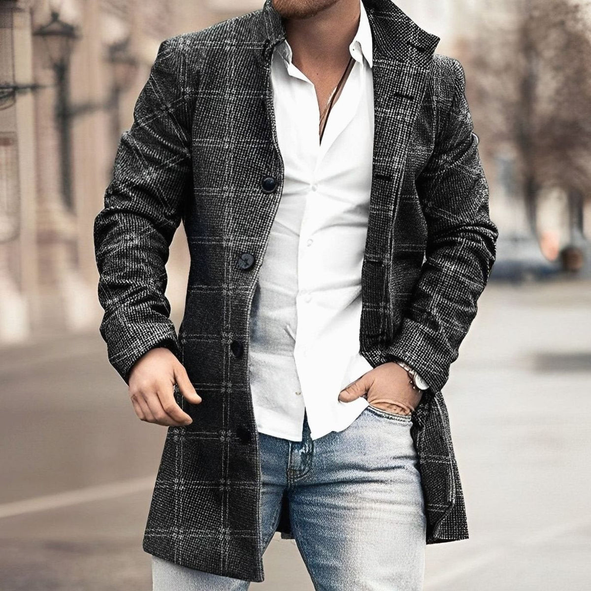 Men's Tailored Long Button Up Coat Houndstooth Wool-Blend Overcoat