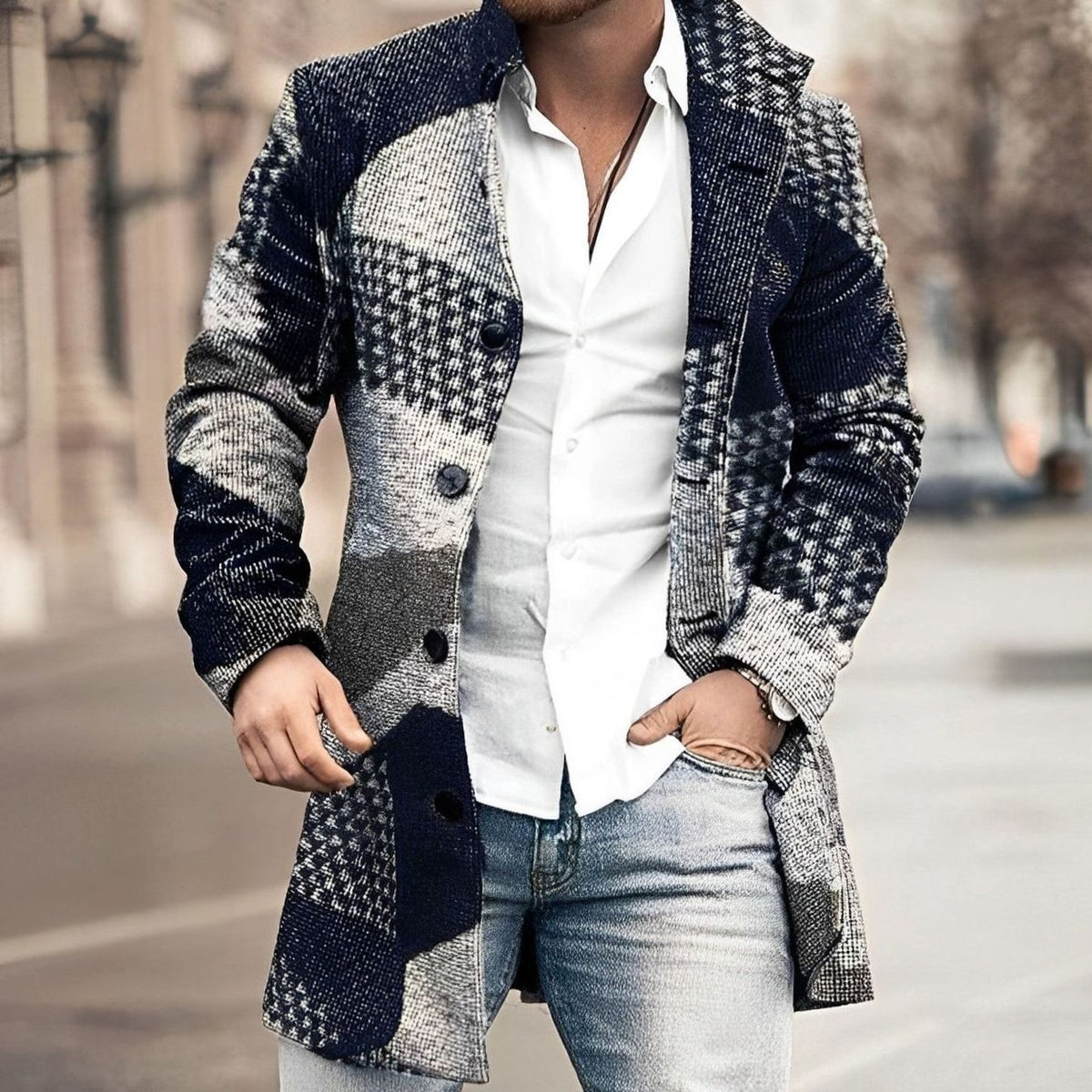Men's Tailored Long Button Up Coat Houndstooth Wool-Blend Overcoat
