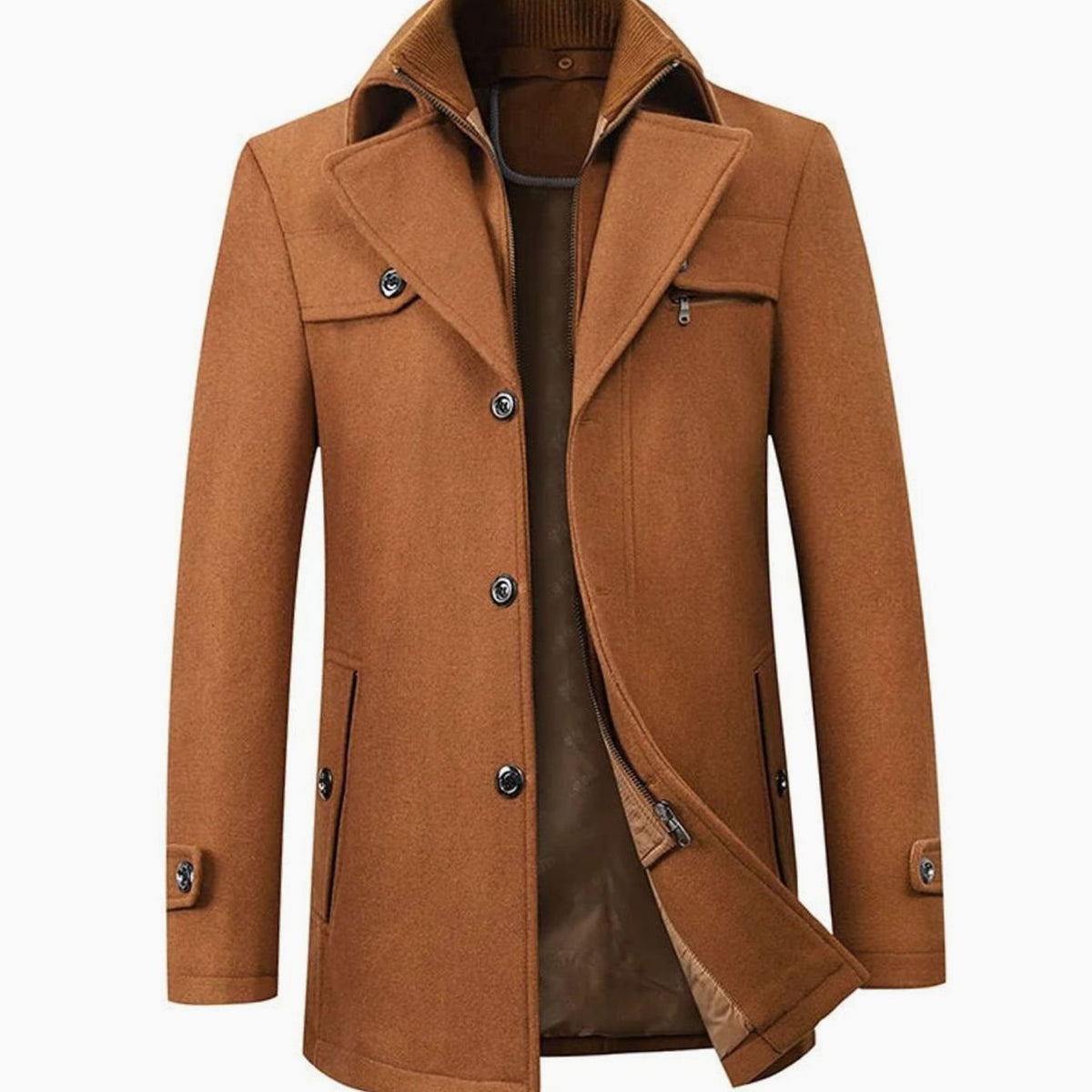 Men's Tailored Single-Breasted Button Overcoat Wool-Blend Winter Coat