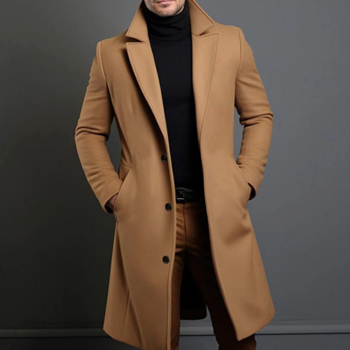 Men's Tailored Single-Breasted Lapel Long Overcoat