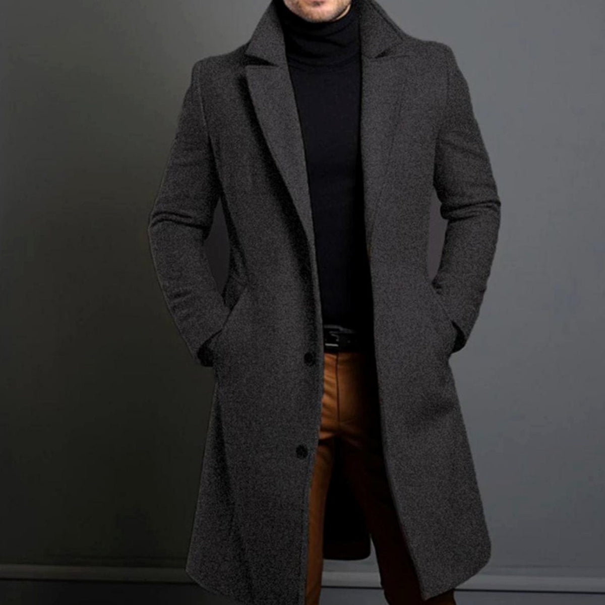 Men's Tailored Single-Breasted Lapel Long Overcoat
