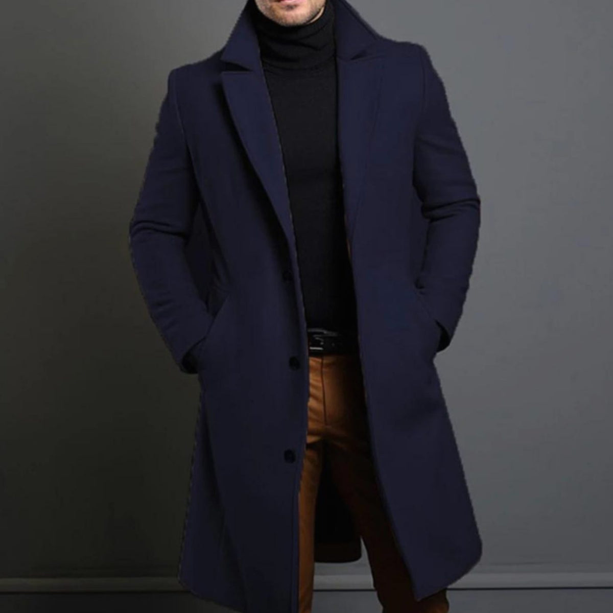 Men's Tailored Single-Breasted Lapel Long Overcoat