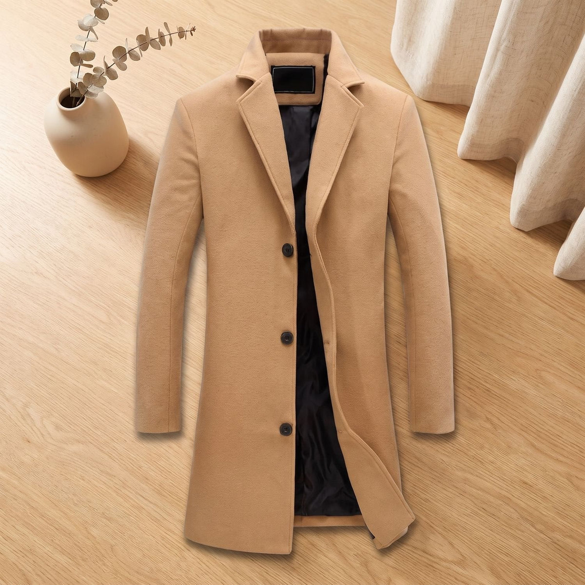 Ethan | Men's Wool Blend Long Overcoat Notch-Lapel Button-Front