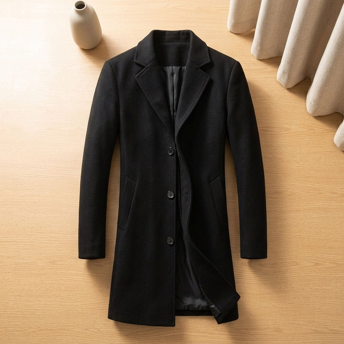 Ethan | Men's Wool Blend Long Overcoat Notch-Lapel Button-Front