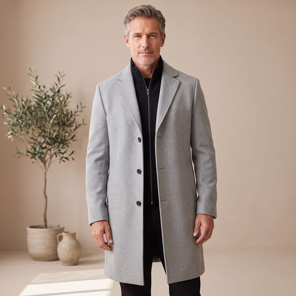 Ethan | Men's Wool Blend Long Overcoat Notch-Lapel Button-Front