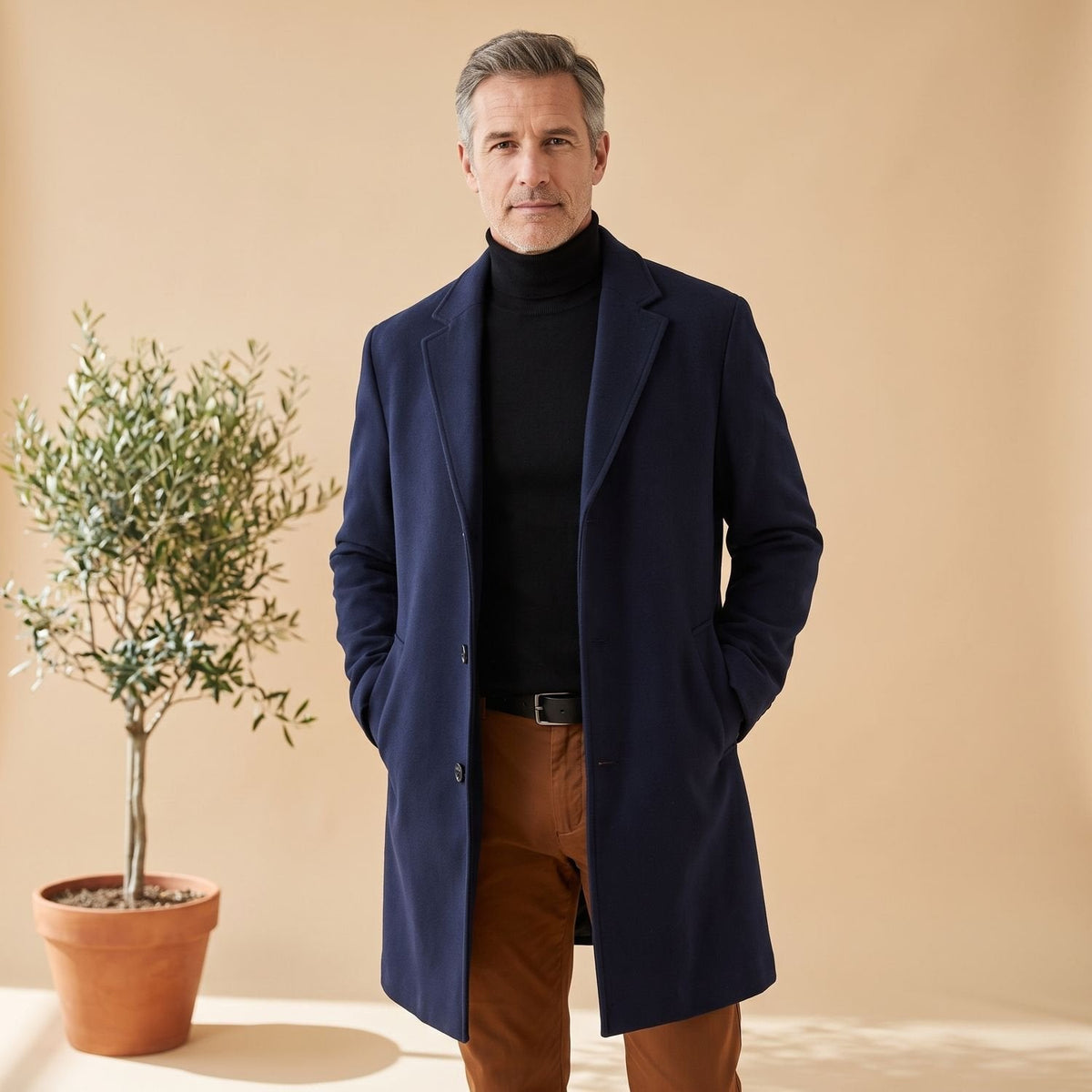 Ethan | Men's Wool Blend Long Overcoat Notch-Lapel Button-Front