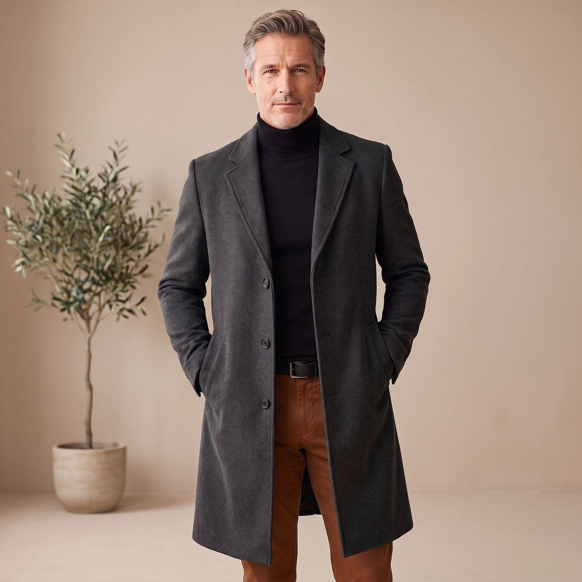 Ethan | Men's Wool Blend Long Overcoat Notch-Lapel Button-Front