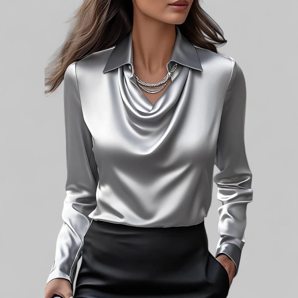 Meredith | Satin Blouse with Long Sleeves and Cowl Neck for Women
