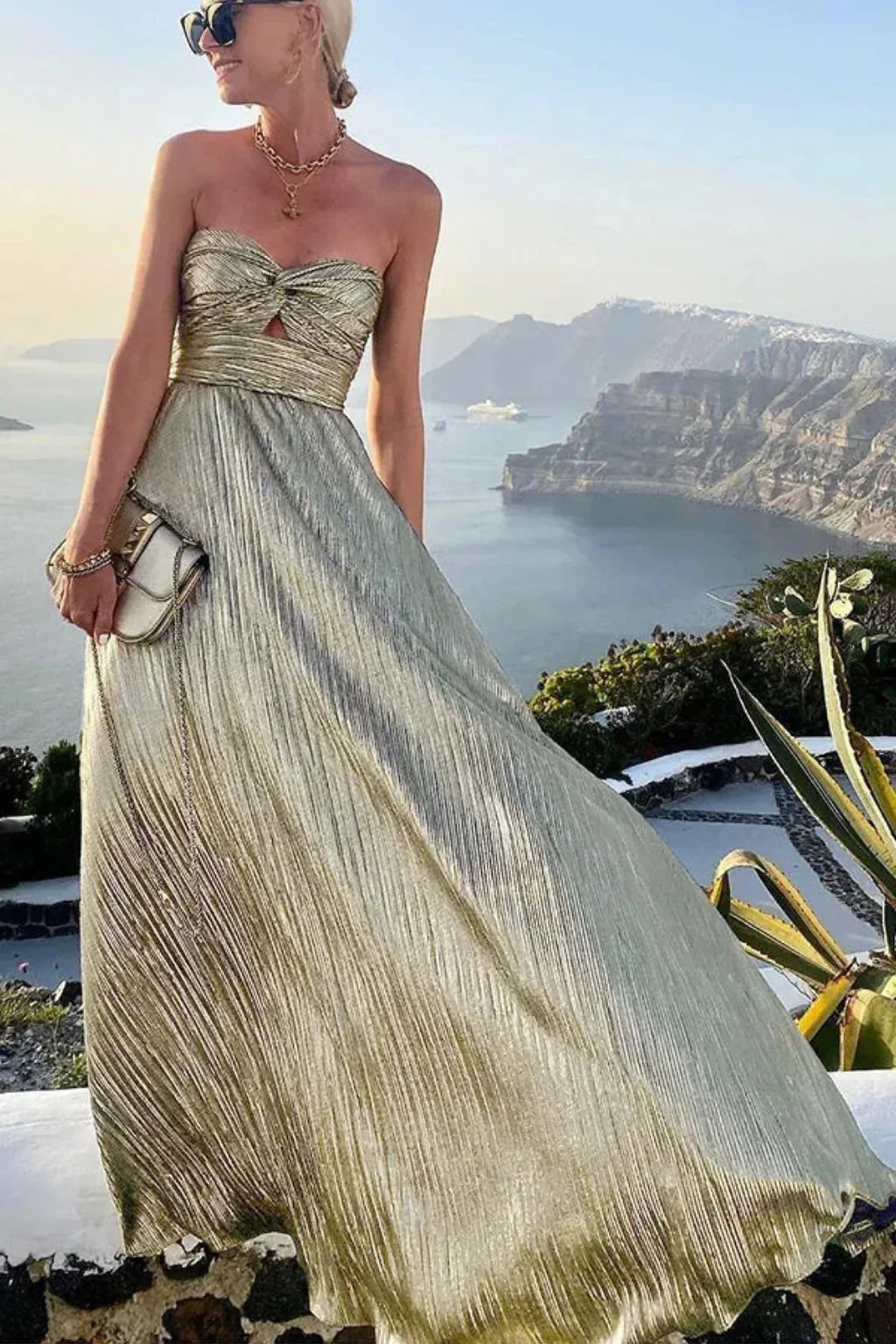 Millicent | Strapless Twist Front Pleated Wedding Guest Maxi Dress