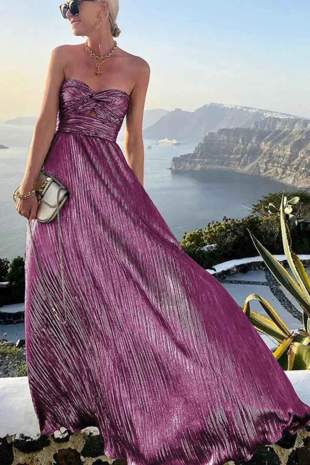 Millicent | Strapless Twist Front Pleated Wedding Guest Maxi Dress