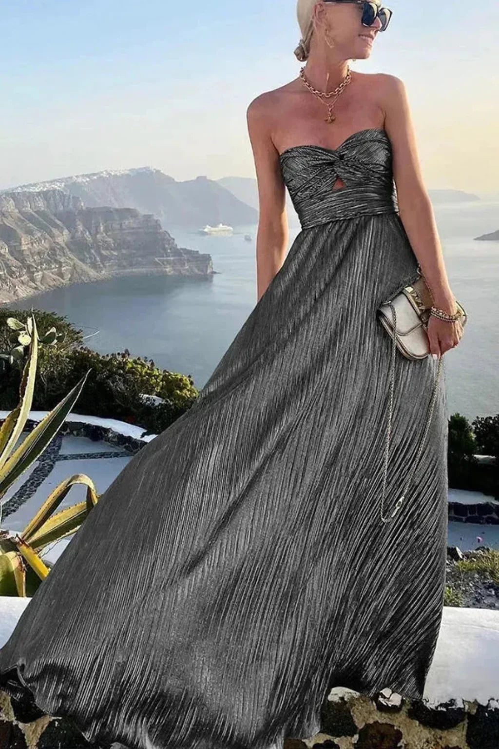 Millicent | Strapless Twist Front Pleated Wedding Guest Maxi Dress