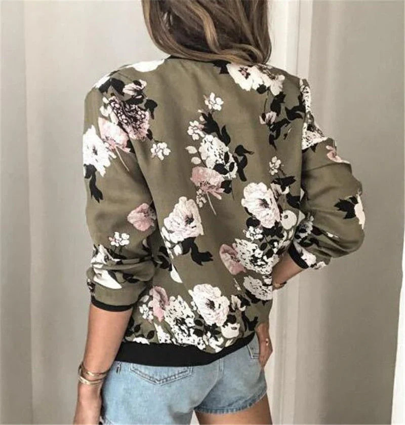 Millicent | Women's Floral Bomber Jacket with Zip Front and Ribbed Cuffs