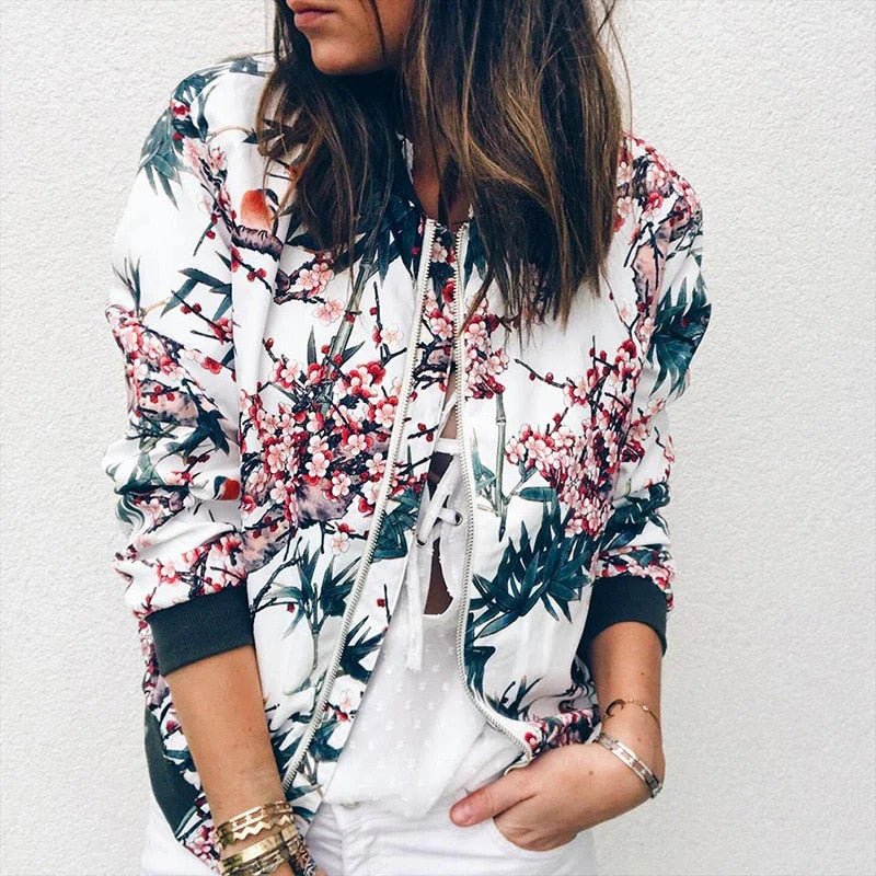 Millicent | Women's Floral Bomber Jacket with Zip Front and Ribbed Cuffs