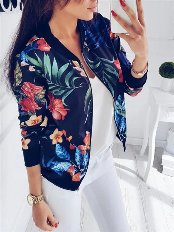 Millicent | Women's Floral Bomber Jacket with Zip Front and Ribbed Cuffs
