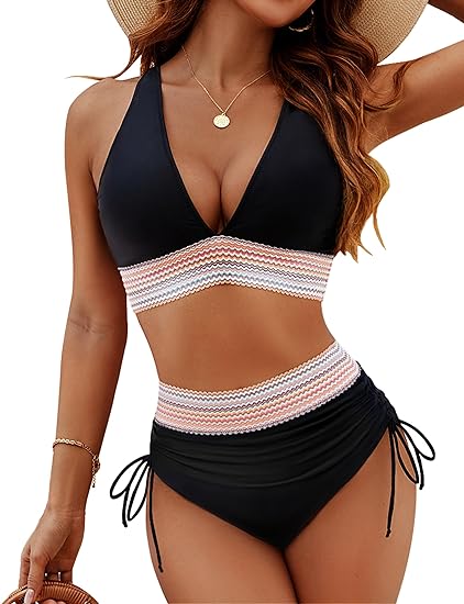 Millicent | Women's Halter Neck High Waisted Triangle Bikini with Ruched Sides