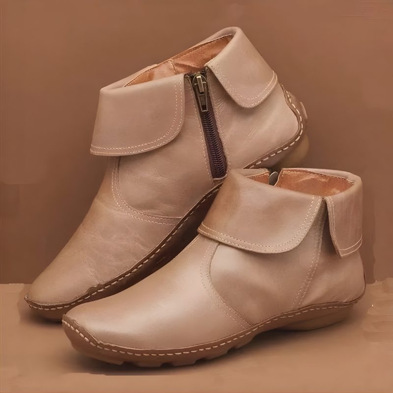 Mira | Leather Ankle Boots with Fold-Over Collar for Women