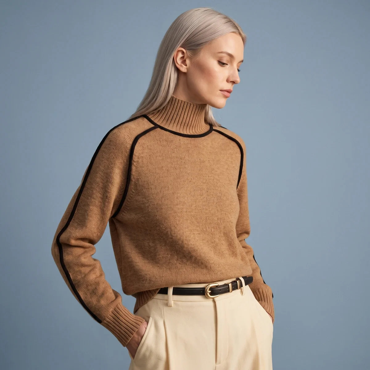 Mireille Contrast Piped Turtleneck Sweater
