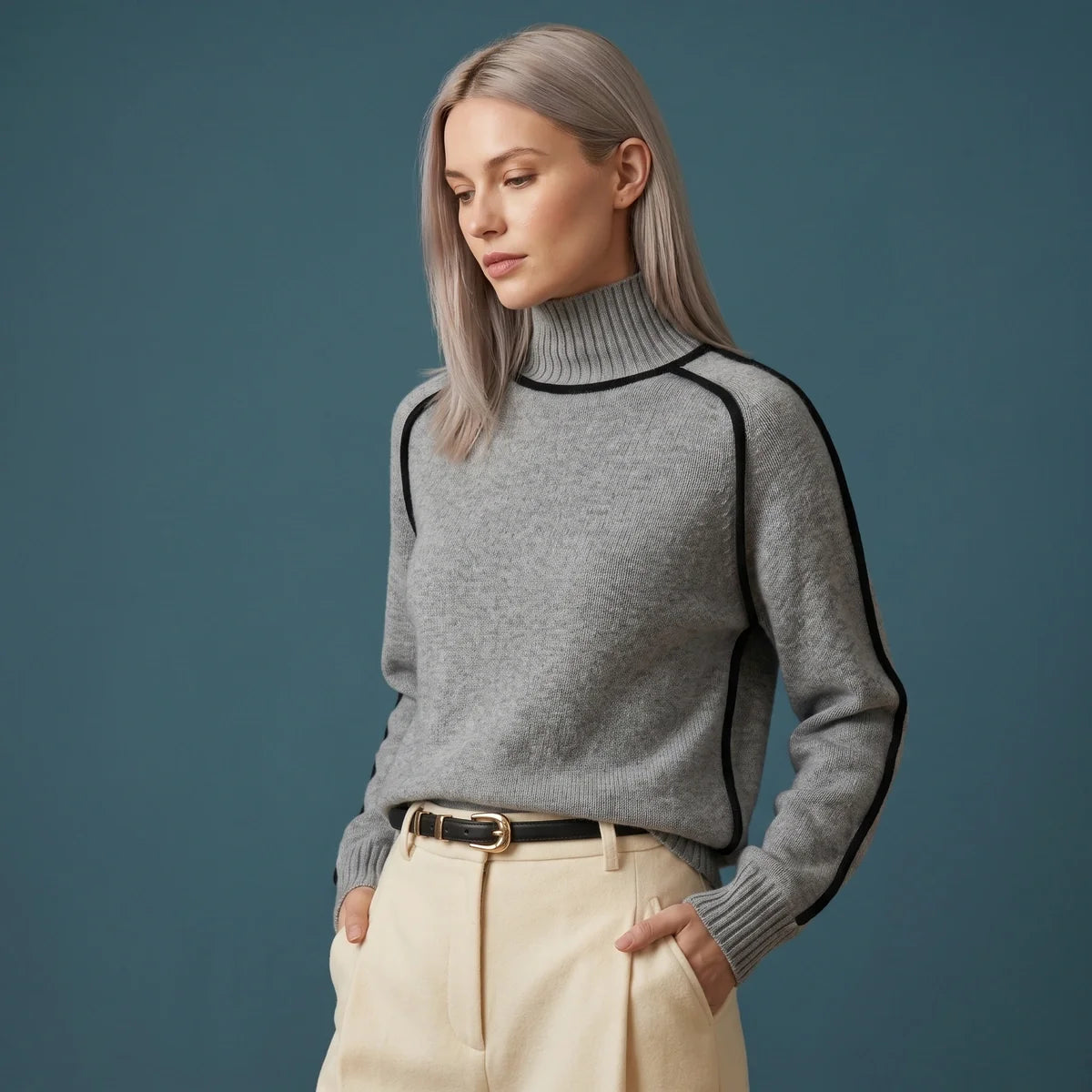 Mireille Contrast Piped Turtleneck Sweater