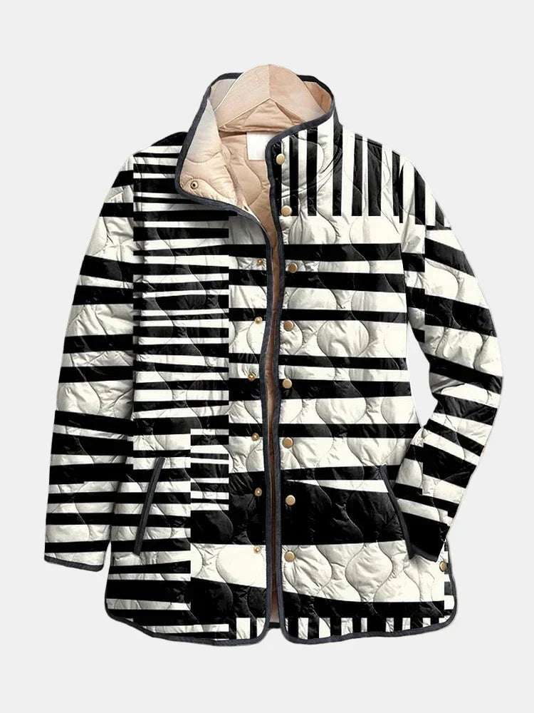 Women's Quilted Jacket with Black and White Stripe Print | Padded Zip Front Layer with Stand Collar | Size S-3XL