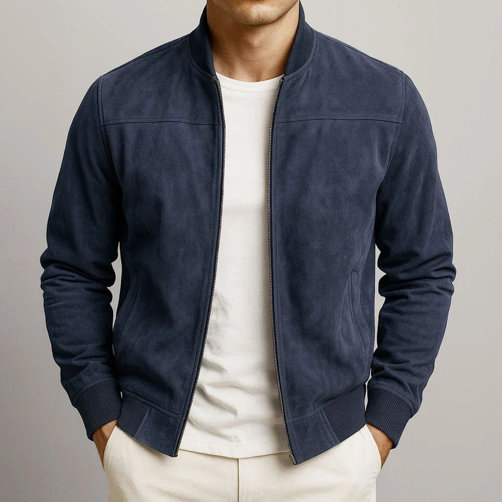 Women's suede zip-up stand collar bomber jacket