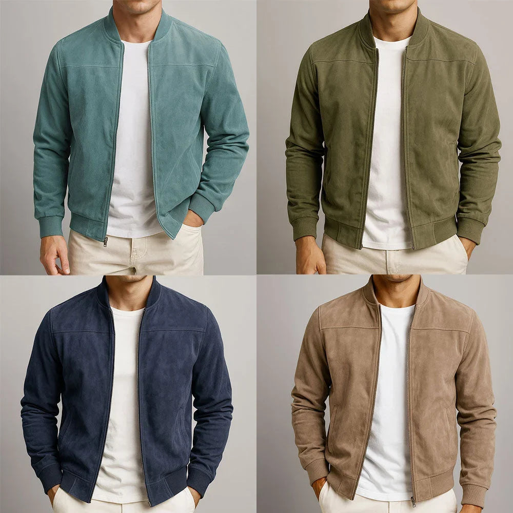 Women's suede zip-up stand collar bomber jacket