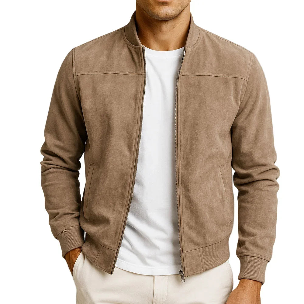 Women's suede zip-up stand collar bomber jacket