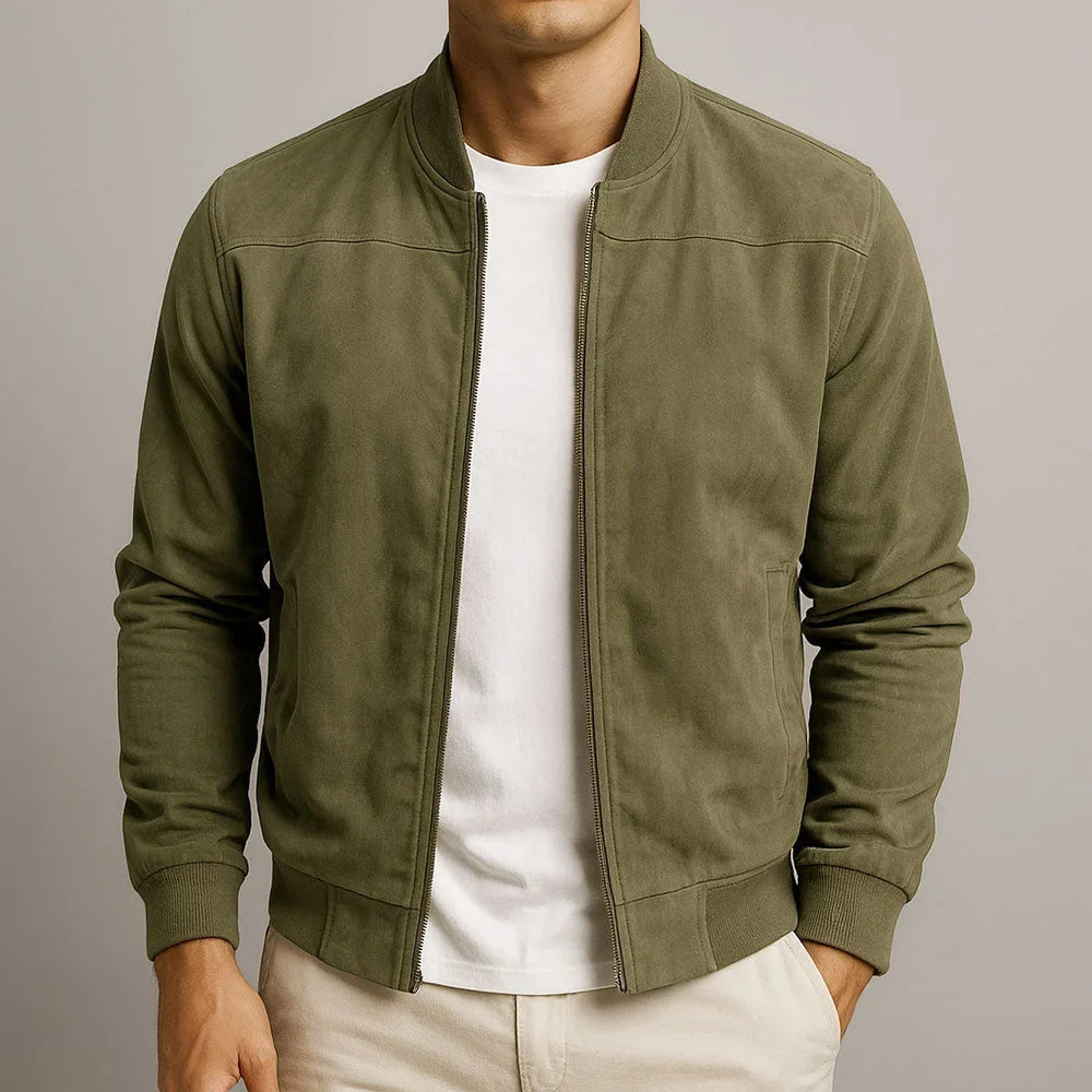 Women's suede zip-up stand collar bomber jacket