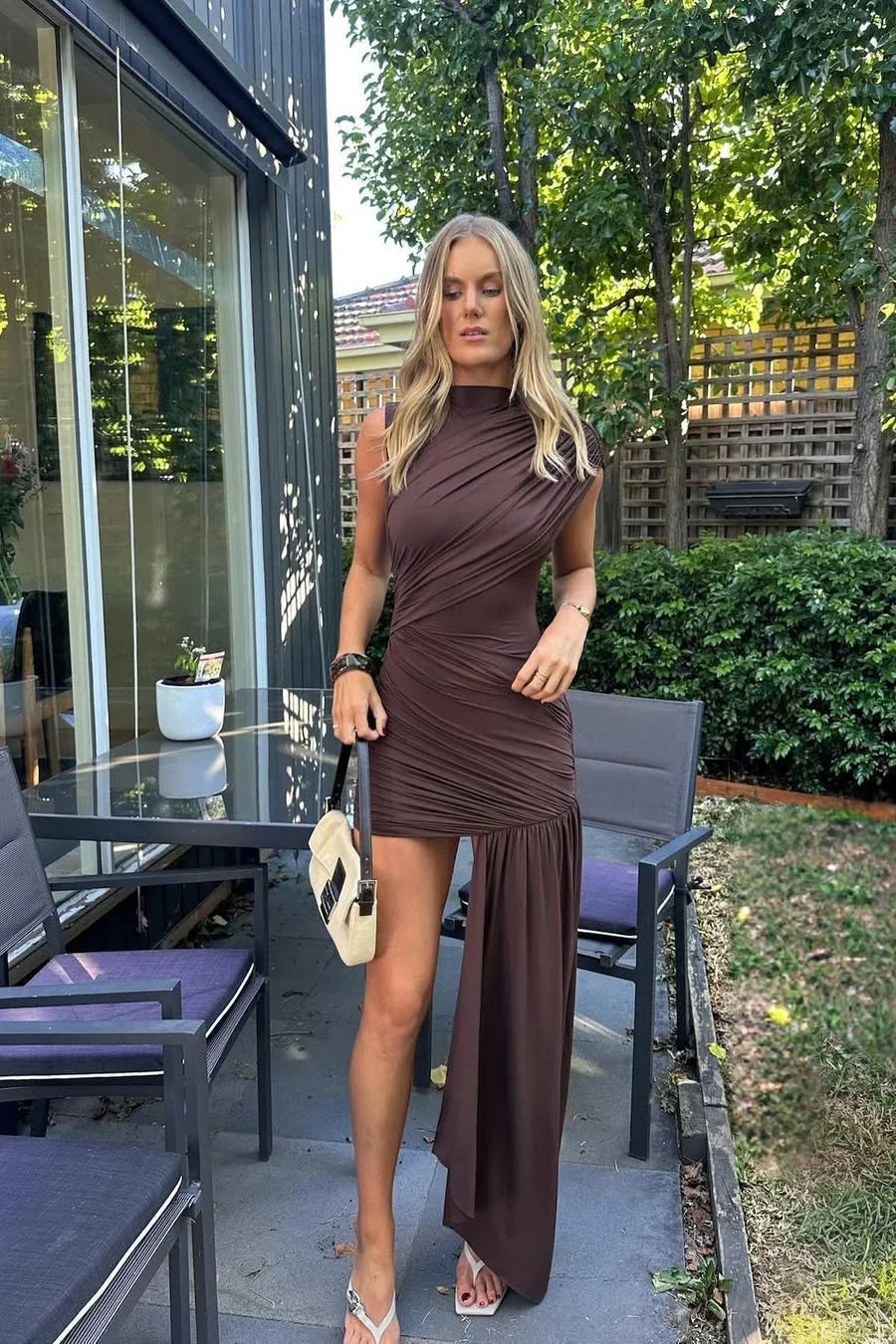 Molly | Women's Brown Ruched Draped Summer Mini Dress with Asymmetrical Hem