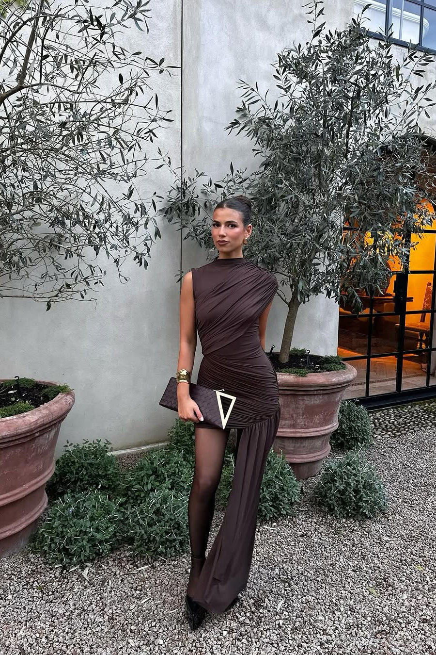 Molly | Women's Brown Ruched Draped Summer Mini Dress with Asymmetrical Hem