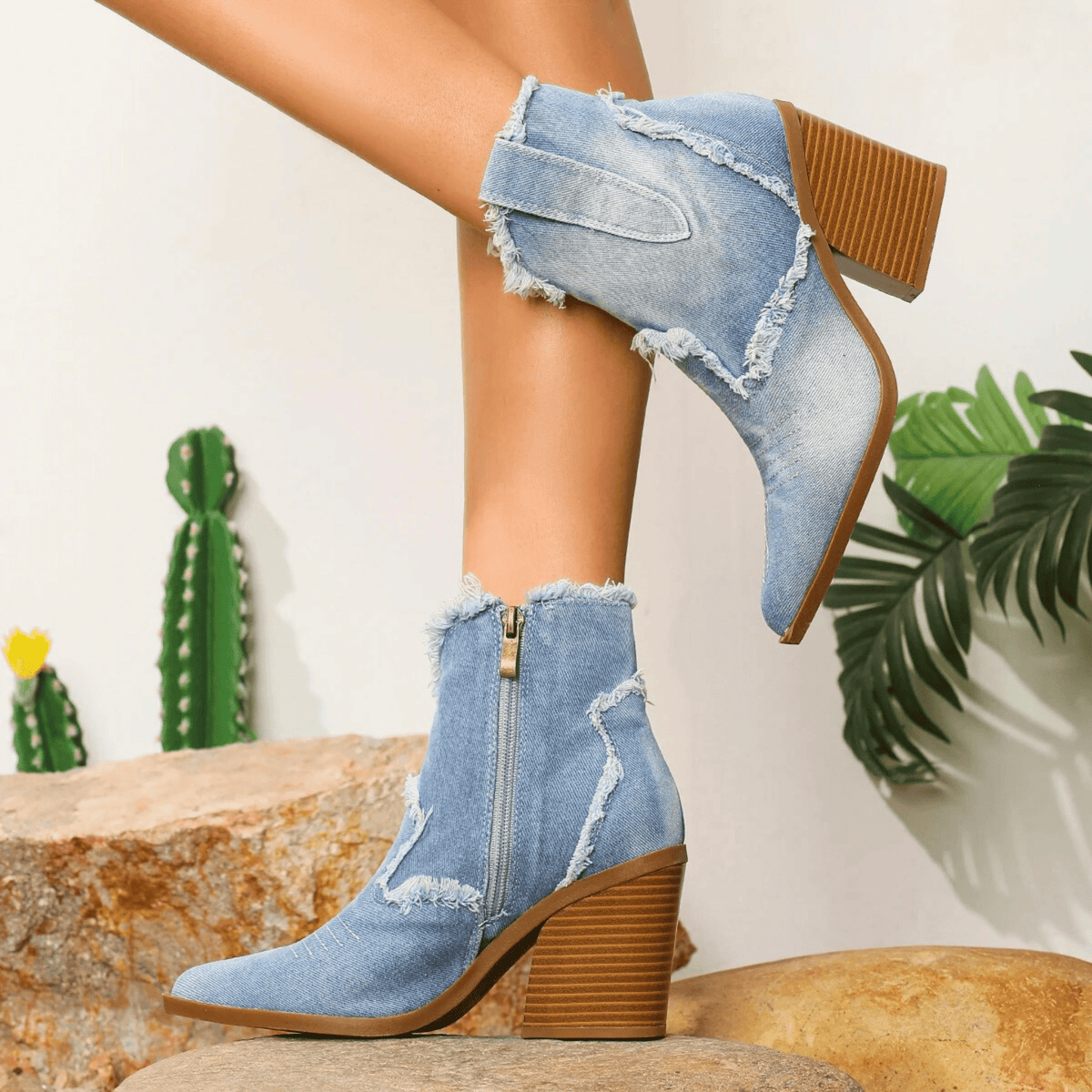 Women's Ankle Boots, Frayed Trim, Pointed Toe, Block Heel