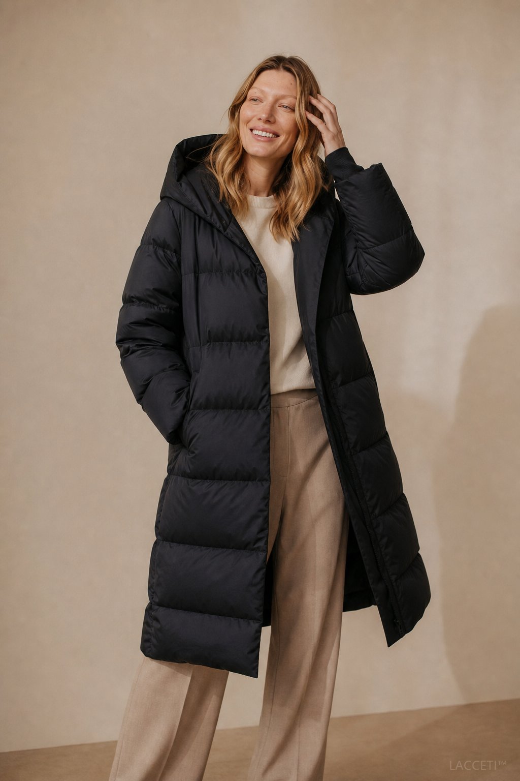 Autumn | Womens Long Down Parka with Hood | Duck Down Fill, Long Cut, Hidden Front Closure | Coffee, Black, White S-L