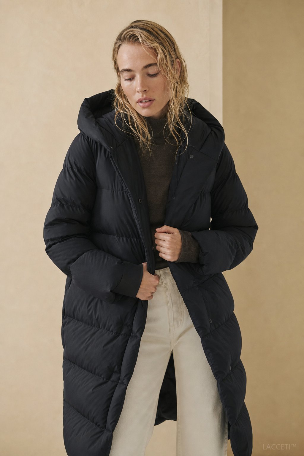 Autumn | Womens Long Down Parka with Hood | Duck Down Fill, Long Cut, Hidden Front Closure | Coffee, Black, White S-L