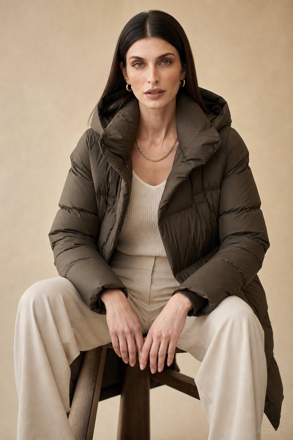 Autumn | Womens Long Down Parka with Hood | Duck Down Fill, Long Cut, Hidden Front Closure | Coffee, Black, White S-L
