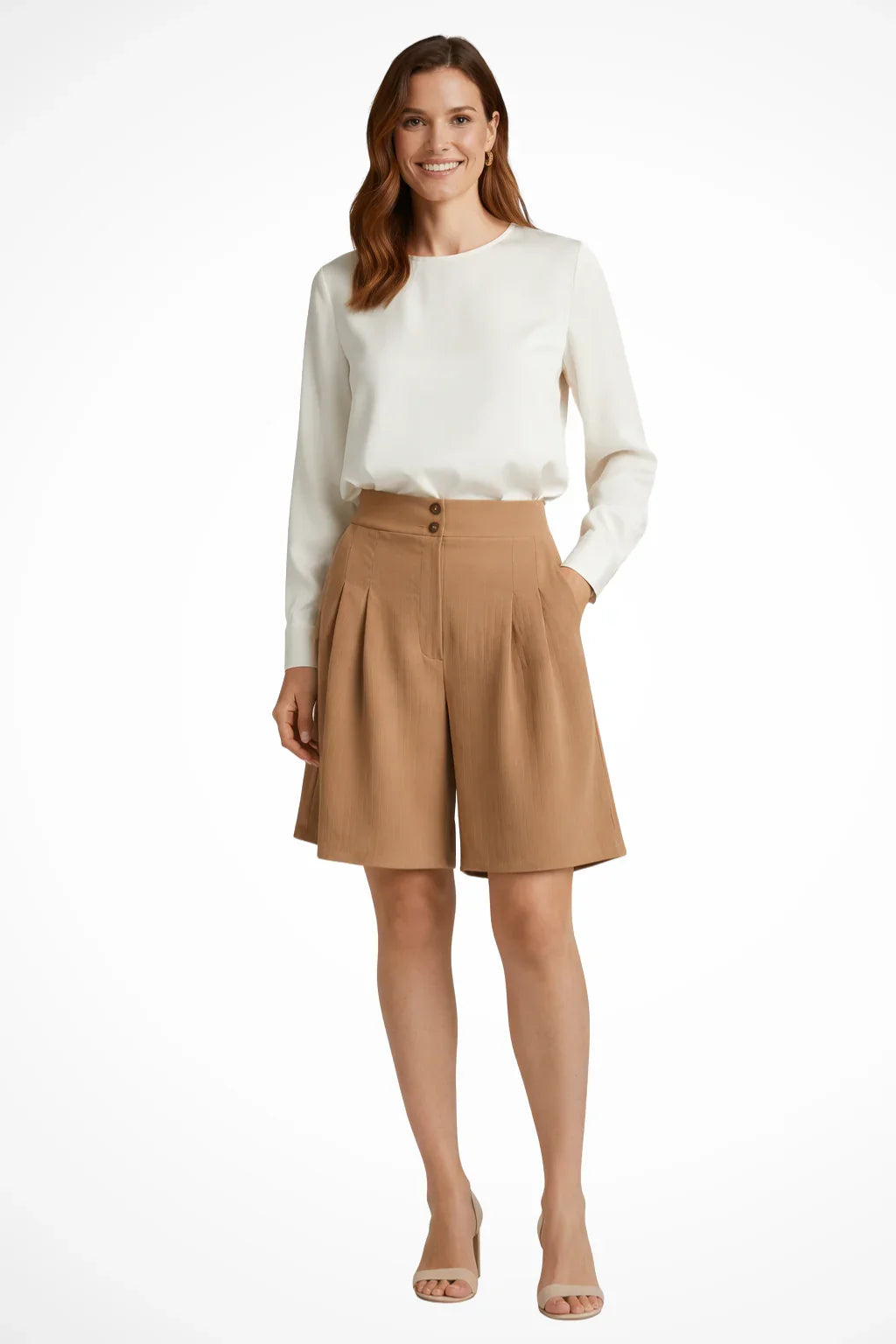 Naomi | Baggy Pleated Wide Leg Tailored Bermuda Shorts with Side Pockets
