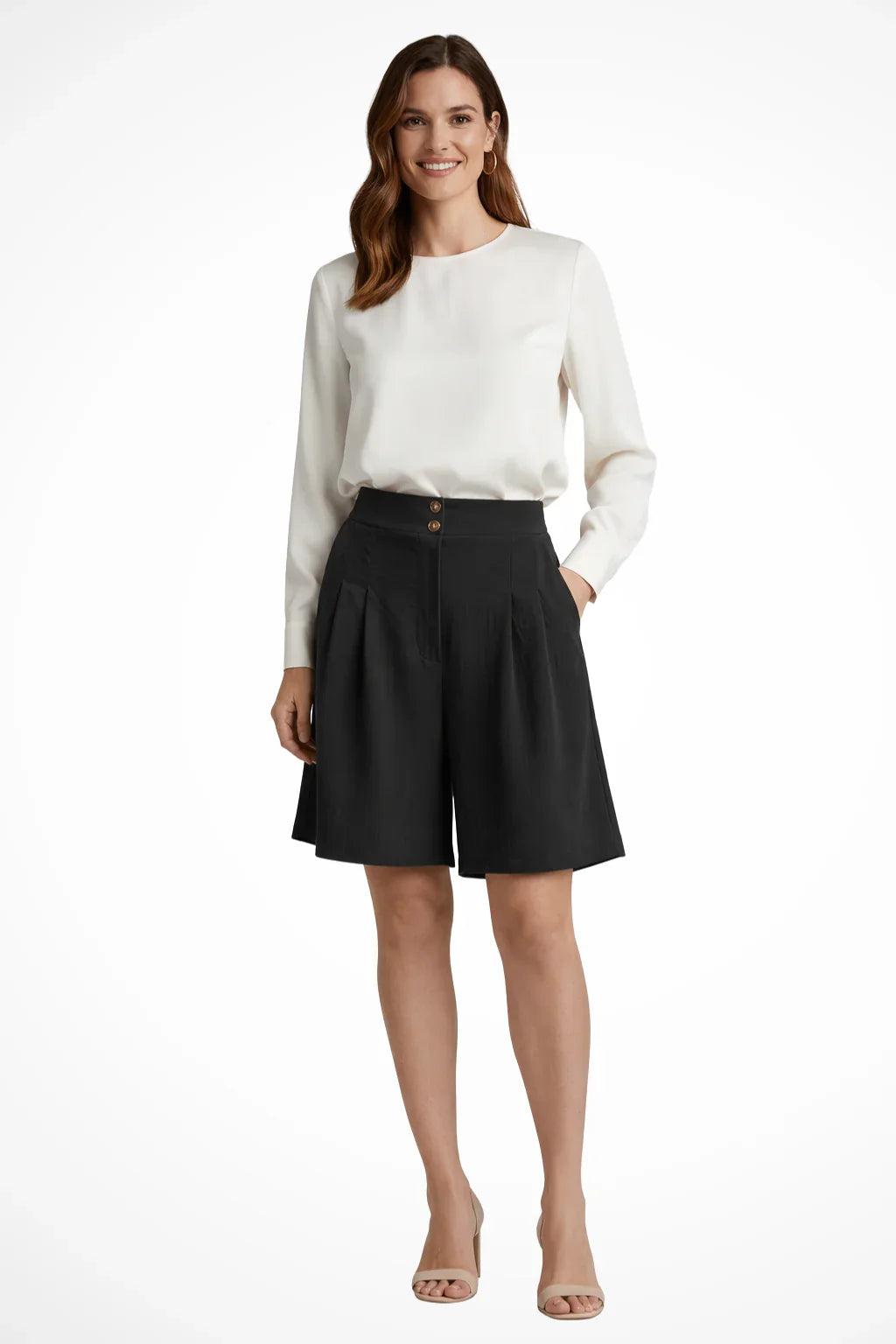 Naomi | Baggy Pleated Wide Leg Tailored Bermuda Shorts with Side Pockets