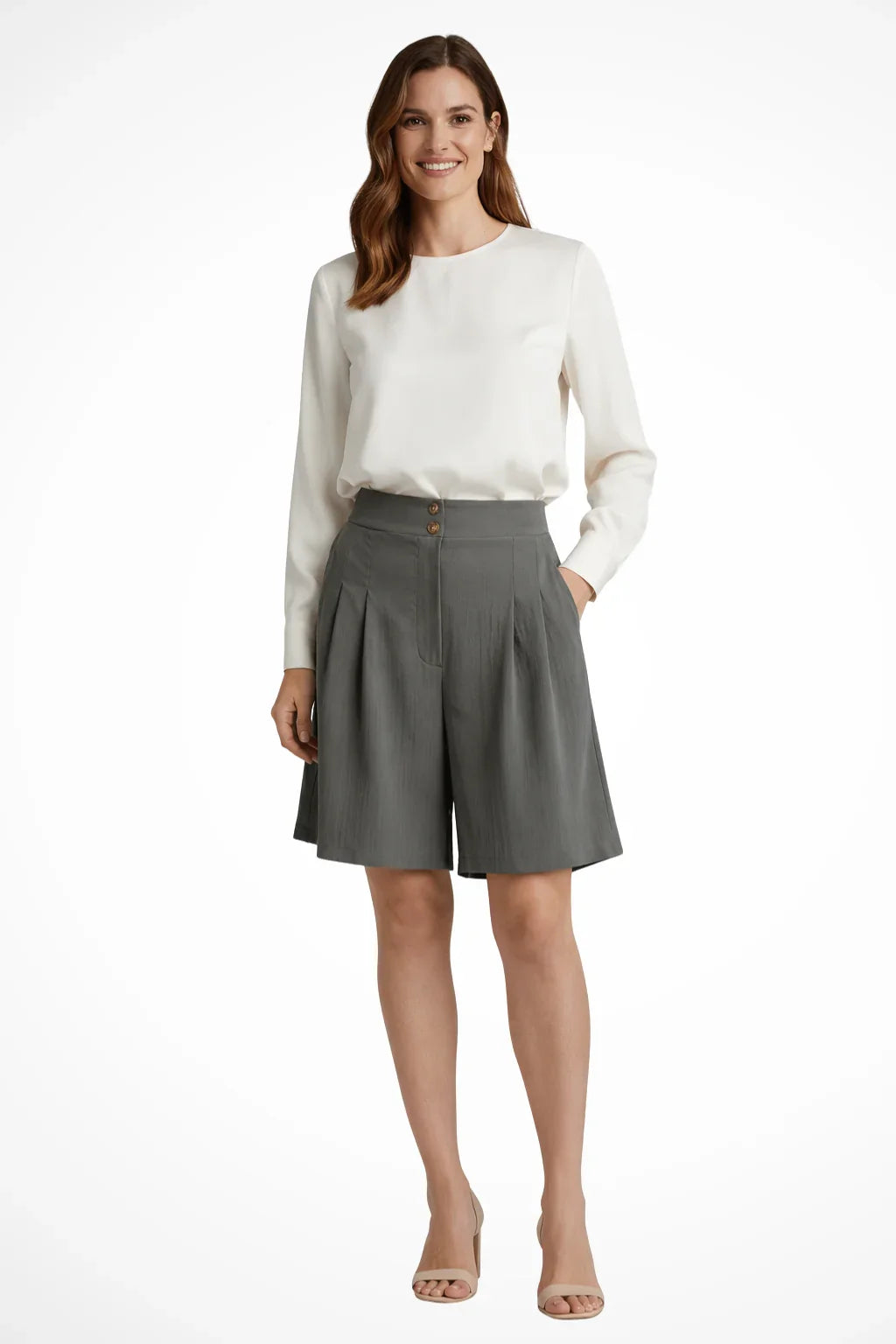 Naomi | Baggy Pleated Wide Leg Tailored Bermuda Shorts with Side Pockets