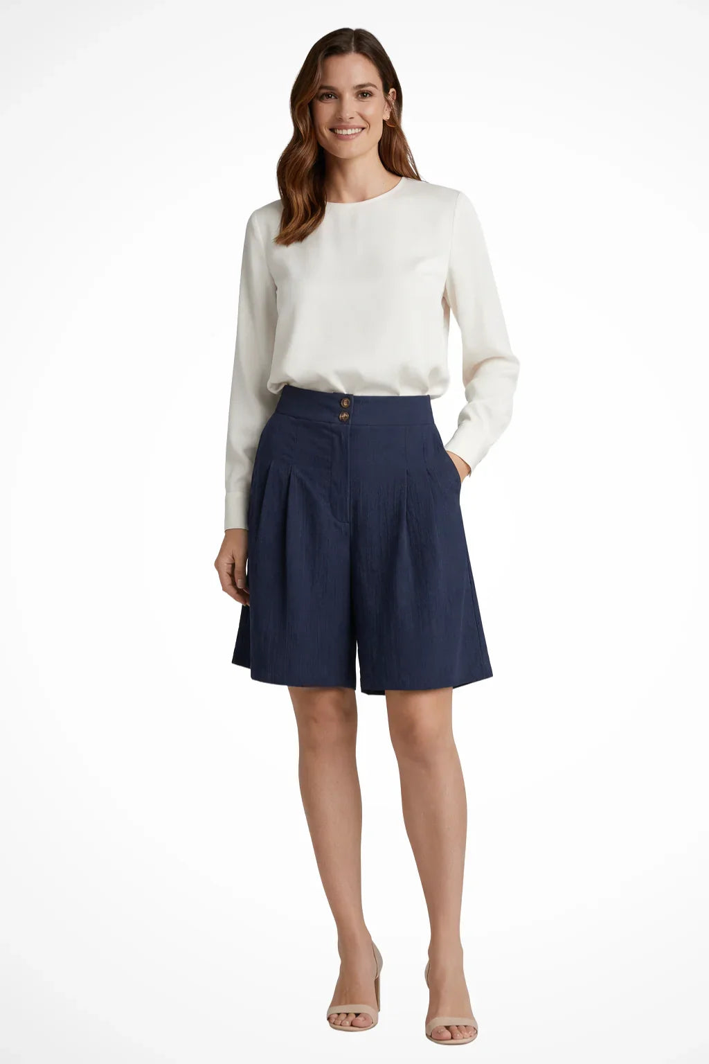 Naomi | Baggy Pleated Wide Leg Tailored Bermuda Shorts with Side Pockets