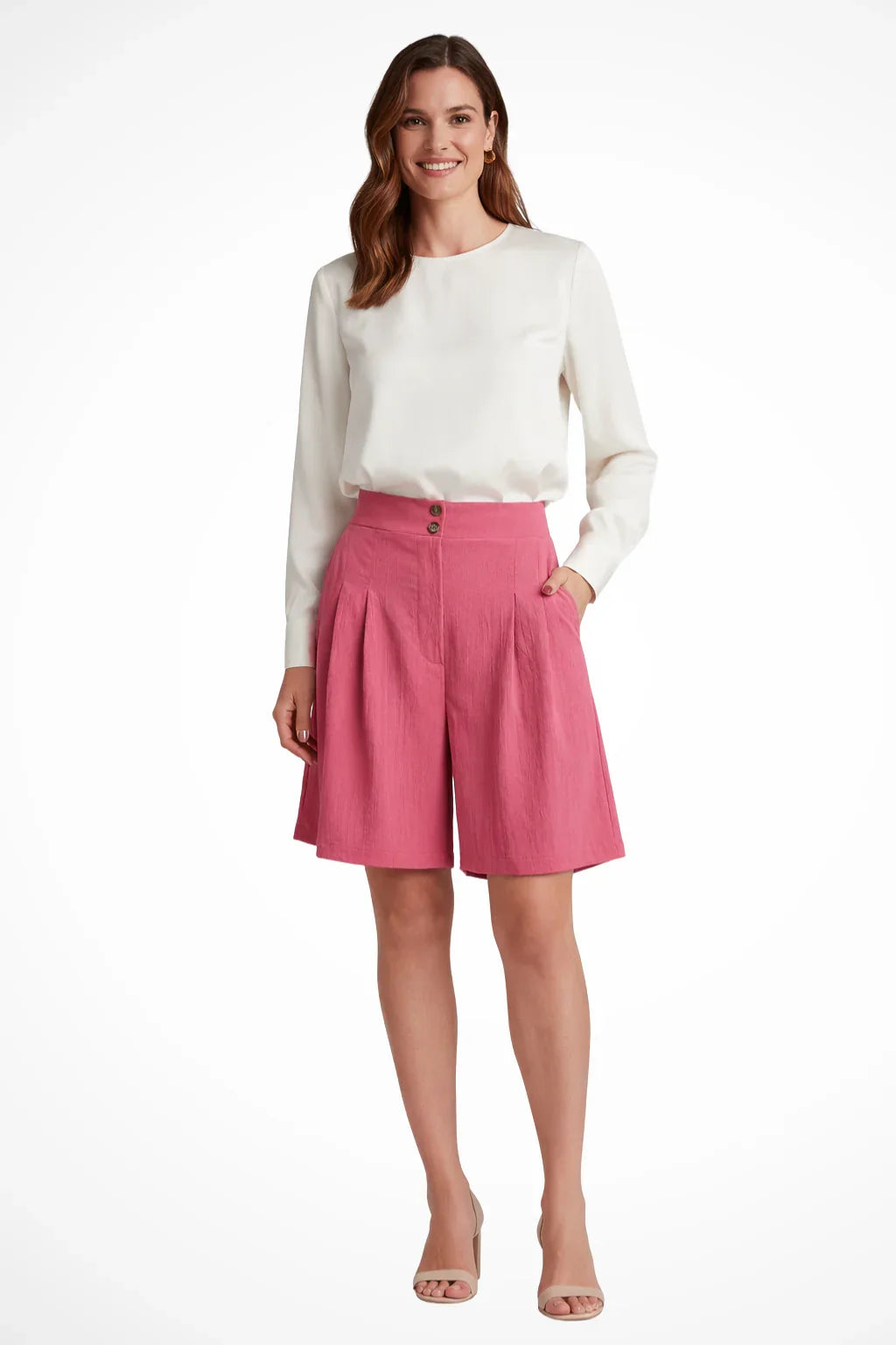 Naomi | Baggy Pleated Wide Leg Tailored Bermuda Shorts with Side Pockets
