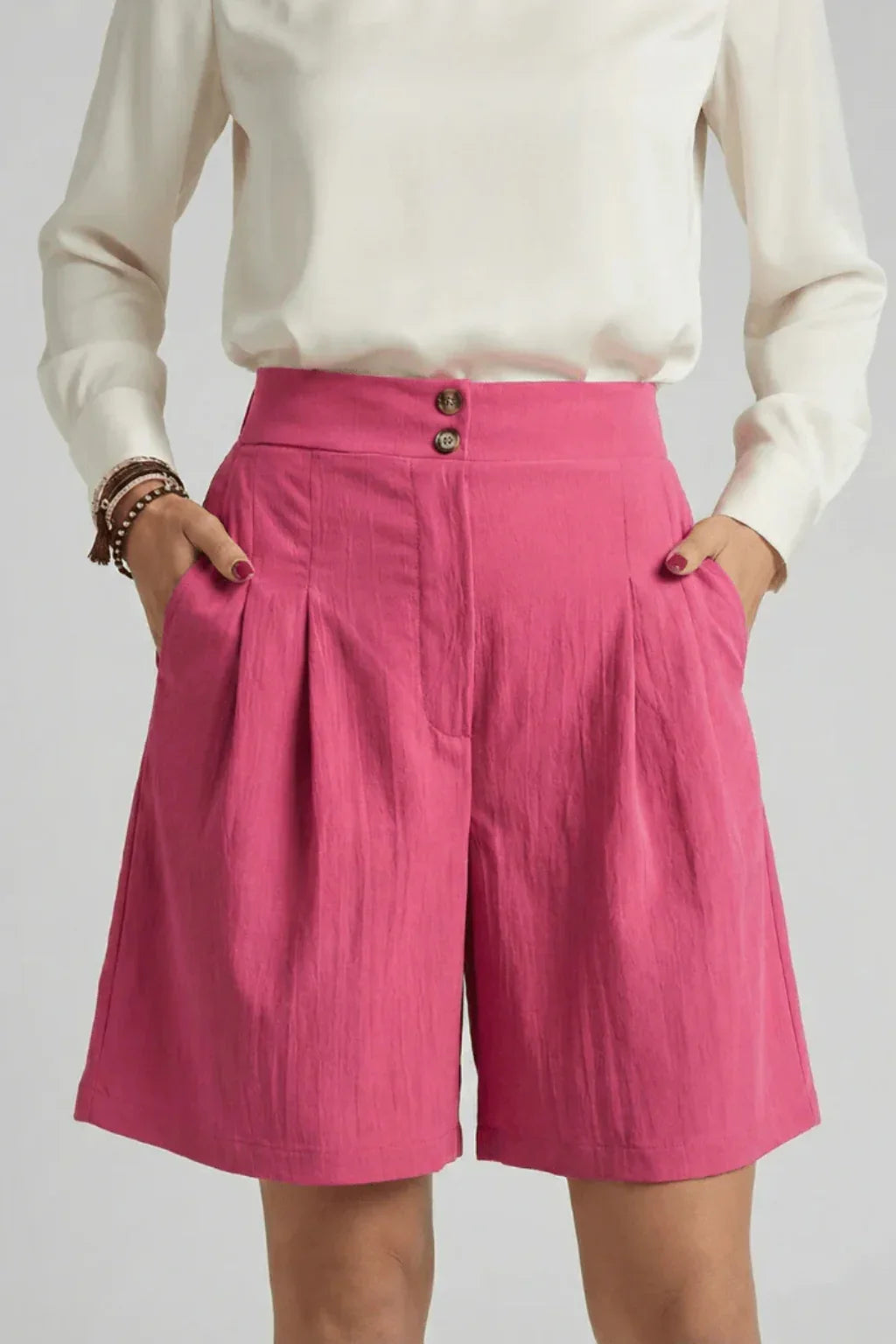 Naomi | Baggy Pleated Wide Leg Tailored Bermuda Shorts with Side Pockets
