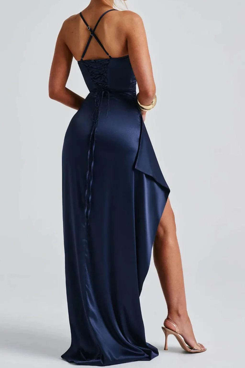 Naomi | Navy Blue Wedding Guest Maxi Dress with Spaghetti Straps and High Slit