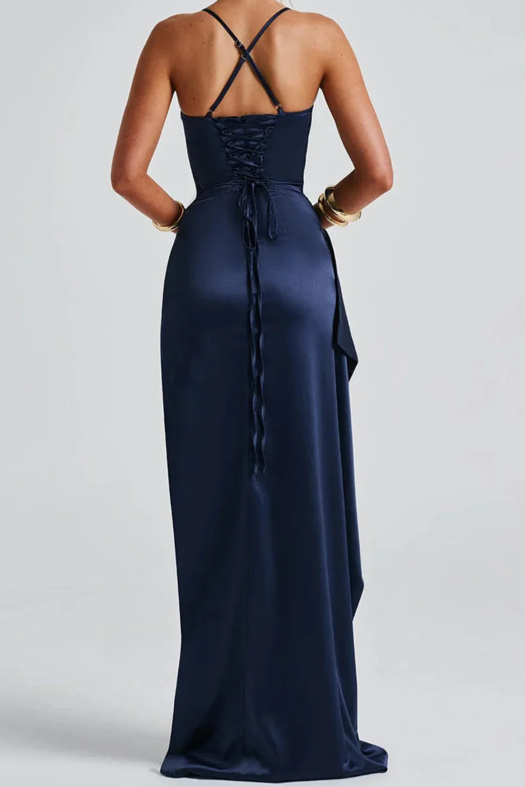 Naomi | Navy Blue Wedding Guest Maxi Dress with Spaghetti Straps and High Slit