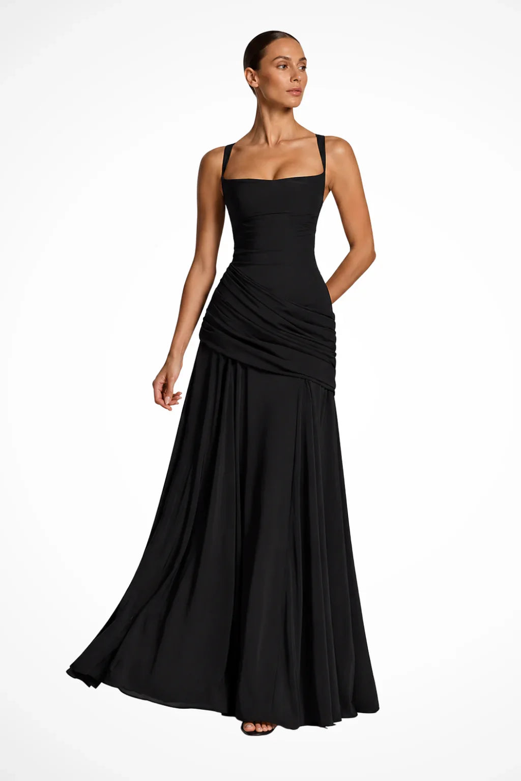 Naomi | Ruched Square Neck Evening Maxi Dress with Side Slit