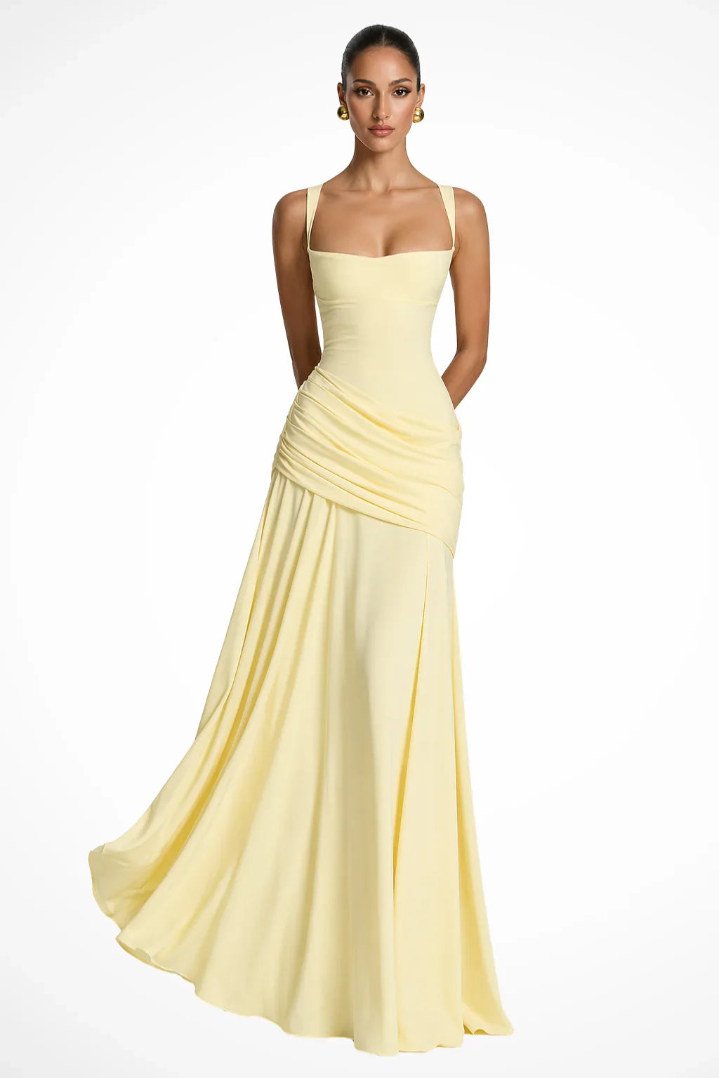 Naomi | Ruched Square Neck Evening Maxi Dress with Side Slit