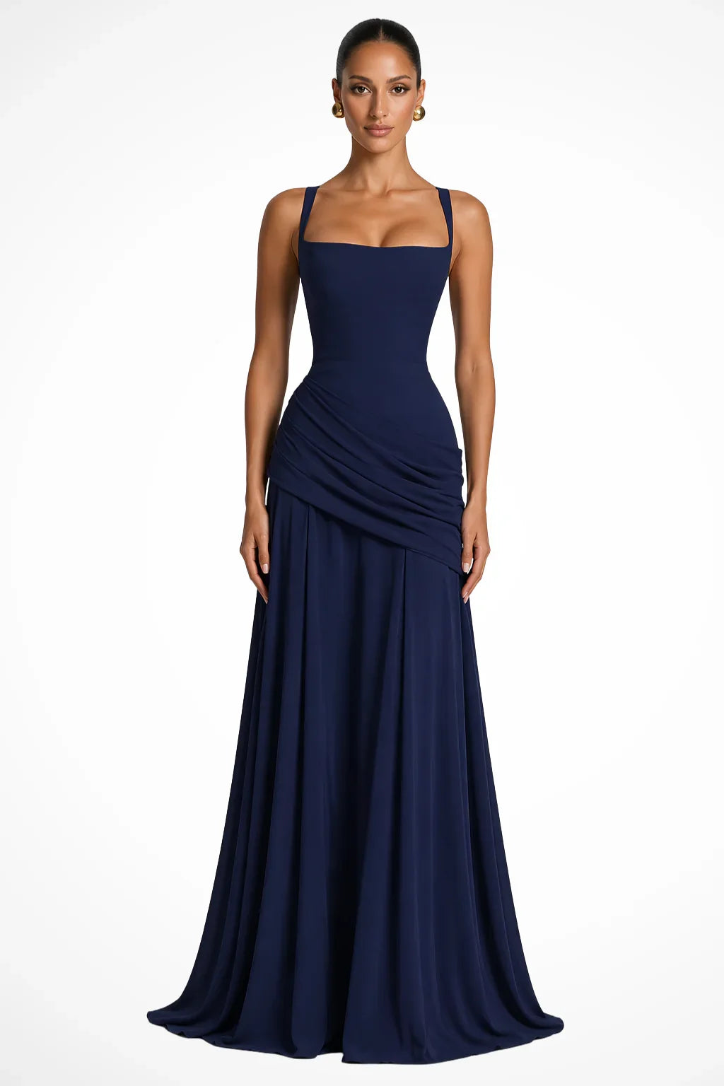 Naomi | Ruched Square Neck Evening Maxi Dress with Side Slit