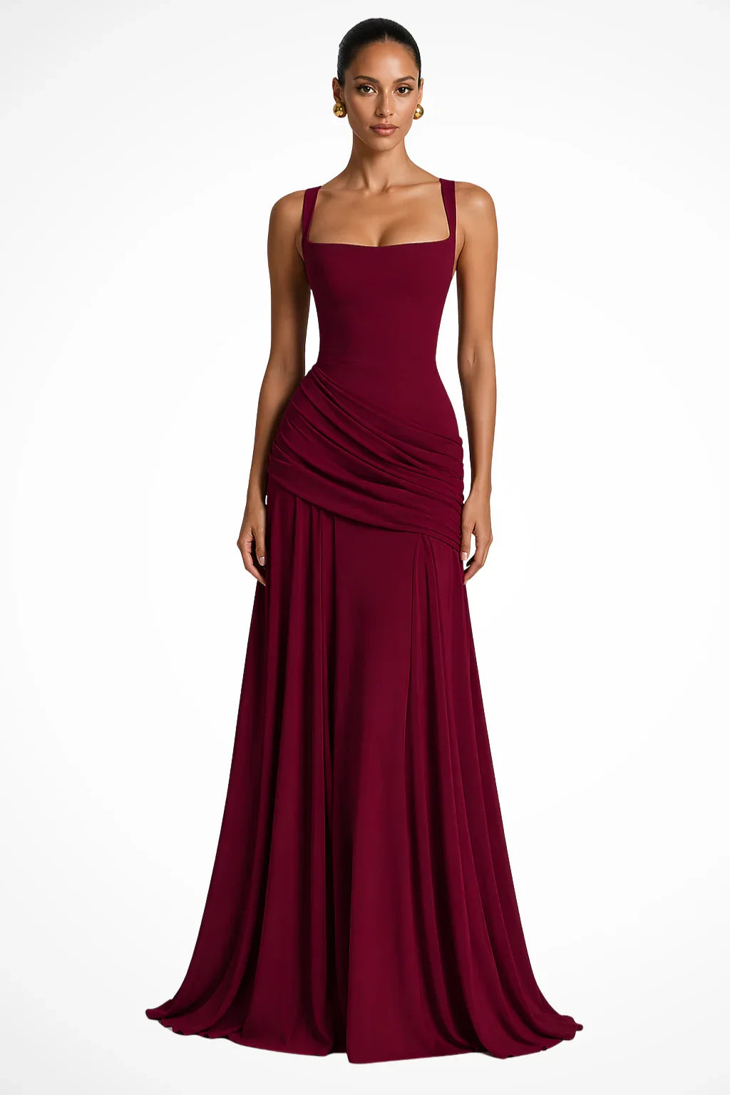 Naomi | Ruched Square Neck Evening Maxi Dress with Side Slit