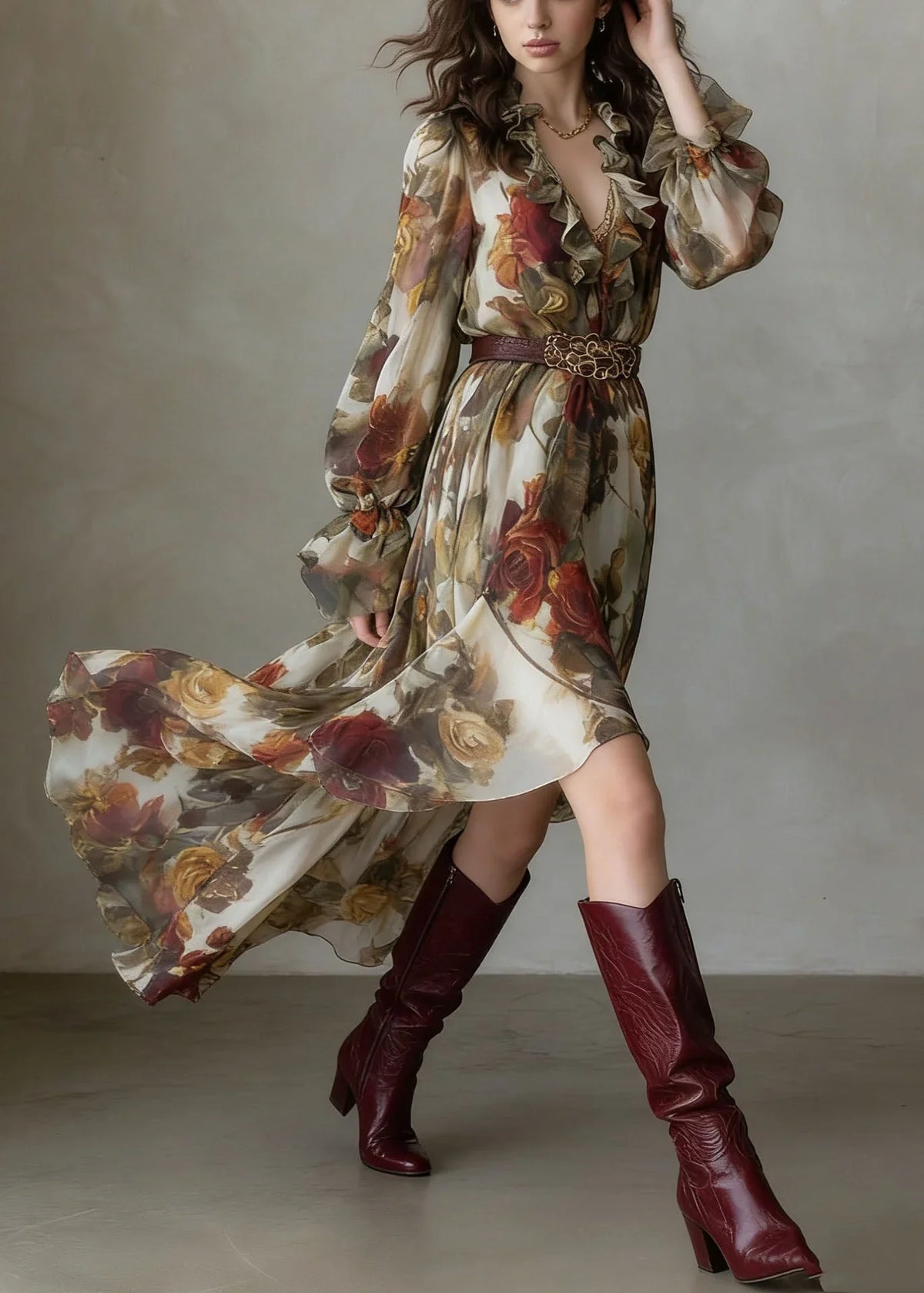 Naomi | V-Neck Floral Summer Maxi Dress with Long Sleeves