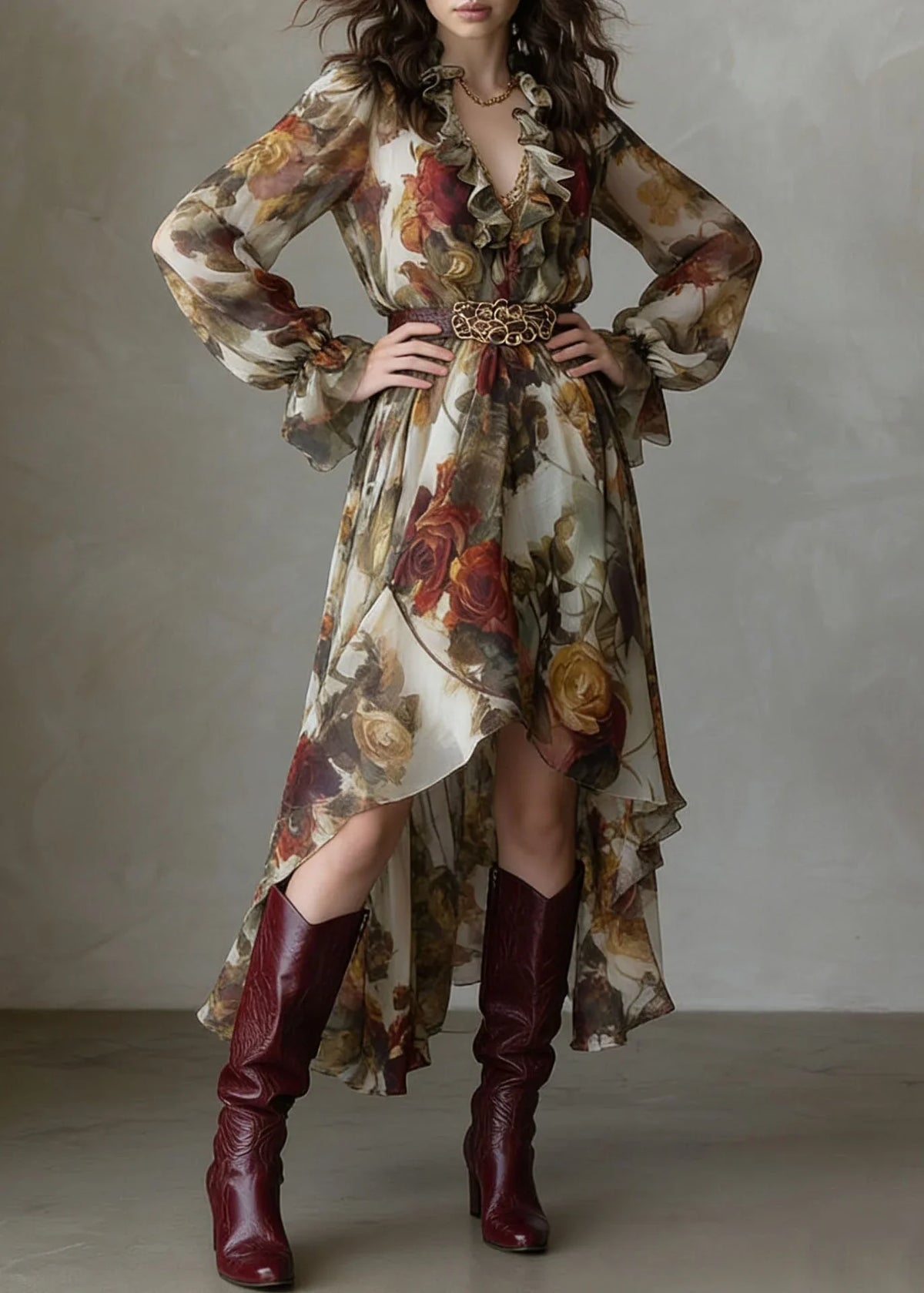 Naomi | V-Neck Floral Summer Maxi Dress with Long Sleeves