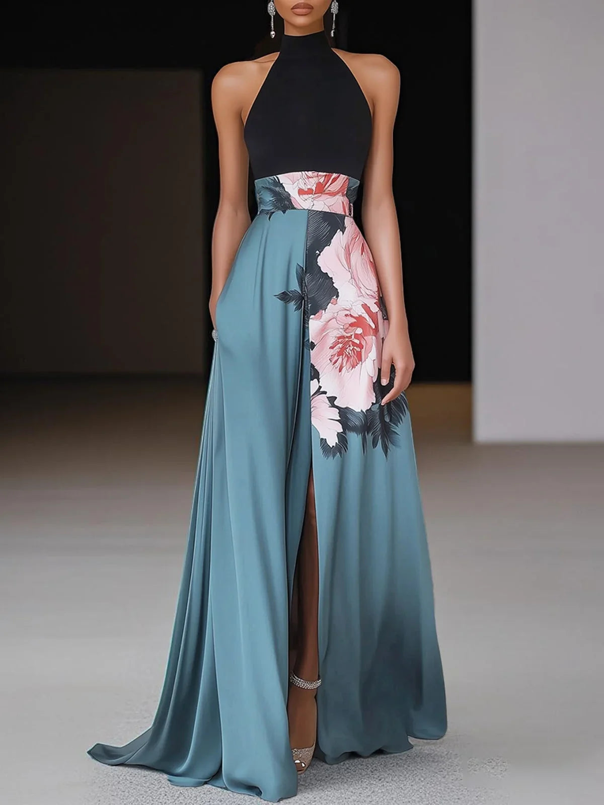 Natalie | Halter Neck Black Floral Maxi Dress with Side Slits