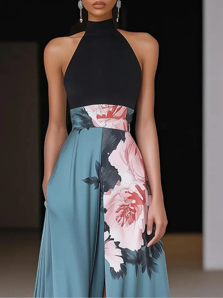 Natalie | Halter Neck Black Floral Maxi Dress with Side Slits